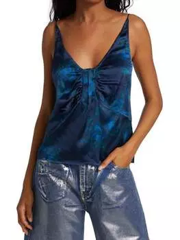 Майка Шелковая GANNI с цветочным принтом, sky