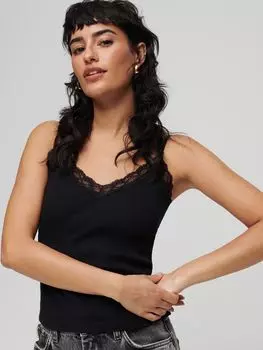 Майка Superdry из органического хлопка с кружевом в рубчик, черная