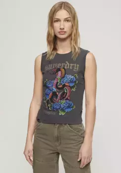 Майка Superdry "TATTOO RHINESTONE FITTED TANK", цвет Charcoal