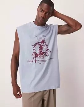 Майка свободного кроя ASOS DESIGN светло-голубого цвета с заниженной проймой и уличной графикой