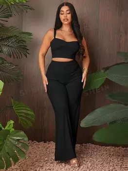 Майка SXY и брюки с завышенной талией, трикотаж Shein, черный