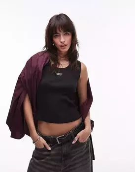 Майка Tommy Jeans с надписью в рубчик черного цвета