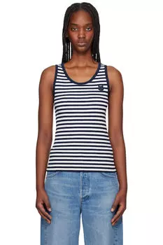 Майка-топ в рубчик с нашивкой в виде головы лисы темно-синего и бежевого цвета Maison Kitsun