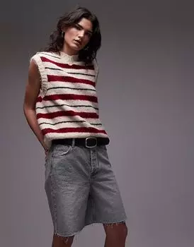 Майка Topshop из шерстяной смеси с высоким воротом в красную и розовую полоску