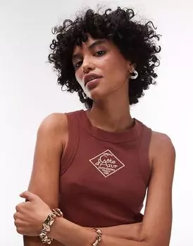 Майка Topshop с вышивкой Cote D'Azur коричневого цвета