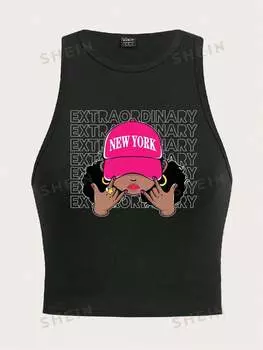 Майка укороченная Shein Ezwear с круглым вырезом и узором, черный