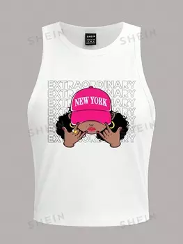 Майка укороченная Shein Ezwear с вишневым узором и круглым вырезом, белый