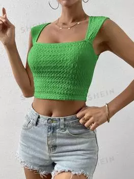 Майка укороченная текстурированная Shein Essnce с квадратным вырезом, зеленый