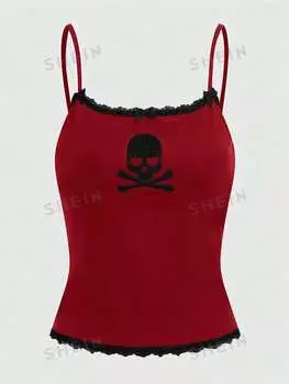 Майка в полоску Romwe Hippie Magical Black Cat с вышивкой, бургундия