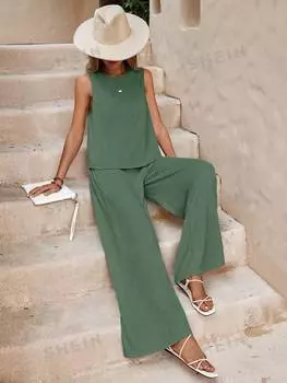 Майка женская и широкие брюки Shein Lune свободного кроя, оливковый