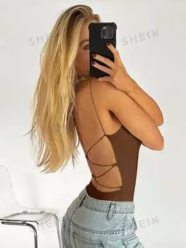 Майка женская Shein Bae с открытой спиной, коричневый