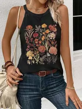 Майка женская Shein Lune с цветочным и растительным узором, черный