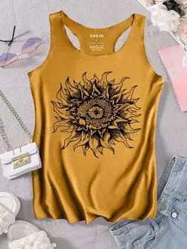 Майка женская Shein Lune с круглым вырезом и принтом подсолнечника, имбирный