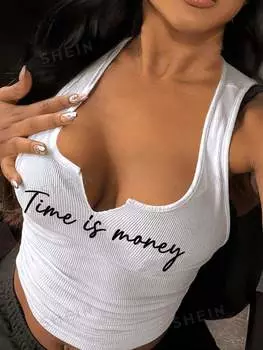 Майка женская Shein Slayr с V-образным вырезом и принтом слогана, белый