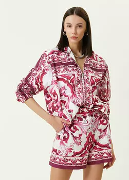 Майолика розово-белое пальто с капюшоном и узором Dolce&Gabbana