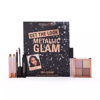 Makeup Revolution Get The Look: Набор для макияжа Metallic Glam Makeup Set Shimmer Shadow Stick Glam 2,5 г + Shimmer Shadow Stick Crush 2,5 г + Праймер для глаз 2,5 мл + Тушь для ресниц Black 8 г + Khol Eyeliner Black 1,15 г + Highlight Quad 4x1g