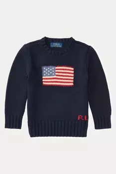Мальчик свитер с круглым вырезом и флагом из 100% хлопка Polo Ralph Lauren, синий
