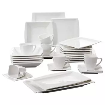 MALACASA Комбинированный сервиз из 32 предметов, серия BLANCE, набор кремово-белой фарфоровой посуды с сервировочной тарелкой, белый