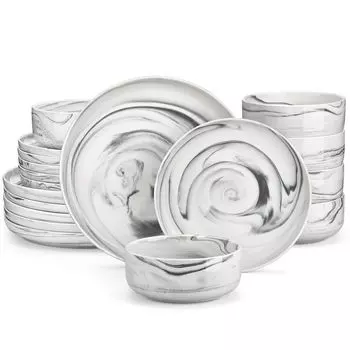 MALACASA, Набор керамической посуды, 18 предметов, комбинированный сервиз, обеденный сервиз с 6 обеденными тарелками, 6 десертными тарелками, 6 чашами, мраморно-серый