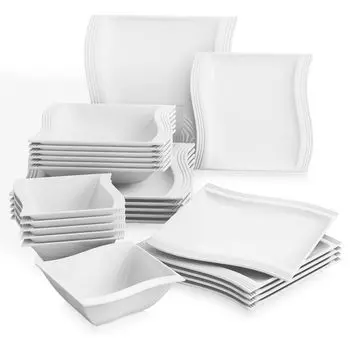 MALACASA, серия Flora, обеденный сервиз из кремово-белого фарфора, набор из 24 предметов, комбинированный сервиз, набор посуды из 6 мисок для хлопьев, 6 обеденных тарелок, 6 десертных тарелок и 6 суповых тарелок на 6 персон, бежевый