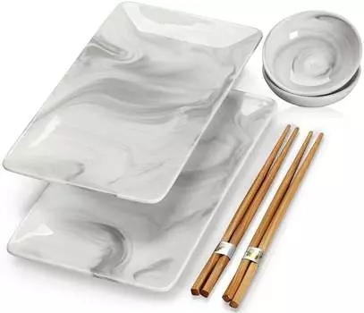 MALACASA, серия Regular, мраморно-серый фарфор, сервировочный набор для японских суши, 6 предметов, обеденный сервиз с 2 тарелками для суши, 2 круглыми мисками и 2 парами палочек для еды