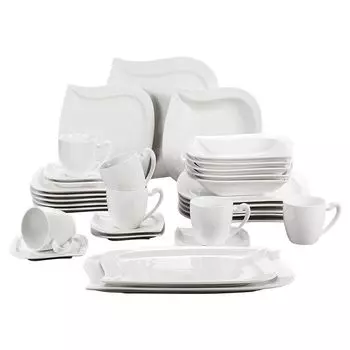 МАЛАКАСА, серия Эльвира, 32 шт. Фарфоровый обеденный сервиз, сервировочные блюда с кофейными чашками, блюдцами, десертными тарелками, суповыми тарелками, обеденными тарелками и 2 сервировочными тарелками на 6 персон, кремово-белый MALACASA