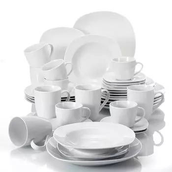 МАЛАКАСА, серия Элиза, 36 шт. Набор столового сервиза из фарфора, комбинированная сервизная тарелка, кофейный сервиз с кофейной кружкой на 6 персон MALACASA, белый