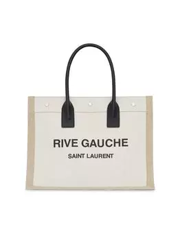 Маленькая большая сумка-тоут Rive Gauche из льна и кожи Saint Laurent, бежевый