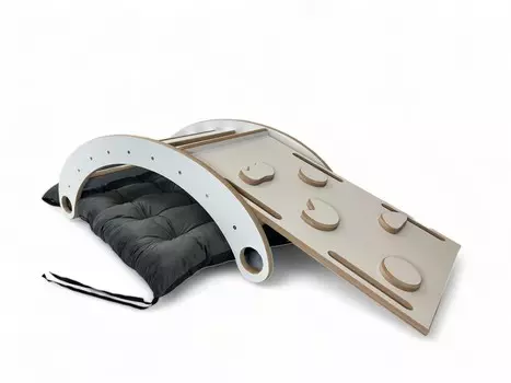 Маленькая ДЕРЕВЯННАЯ качалка + слайд + стена + графитовая велюровая подушка CE Gugi