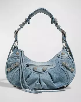 Маленькая джинсовая сумка на плечо Le Cagole со стразами Balenciaga, цвет 4715 Blue
