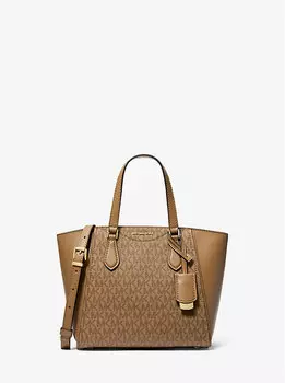 Маленькая фирменная сумка Taryn с логотипом и кожаной отделкой через плечо Michael Kors, коричневый