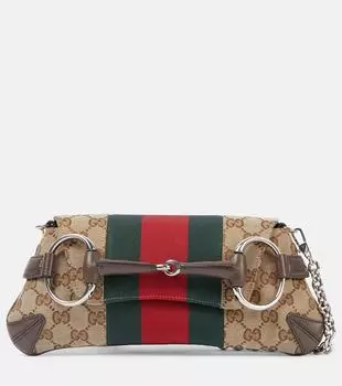 Маленькая холщовая сумка через плечо horsebit с узором gg Gucci, бежевый