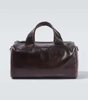 Маленькая кожаная дорожная сумка Prada, коричневый
