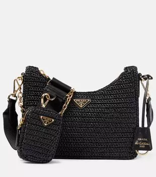 Маленькая плетёная сумка через плечо из рафии Prada, черный