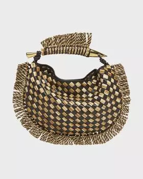Маленькая сумка из рафии с бахромой Сардина и верхней ручкой Bottega Veneta, цвет Natural/Black