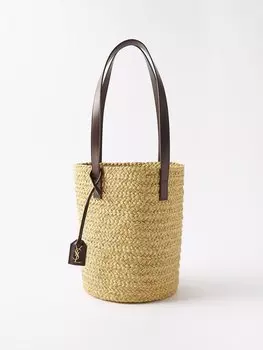 Маленькая сумка-корзина panier из рафии с кожаной отделкой Saint Laurent, бежевый