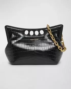Маленькая сумка Peak с ручкой сверху с тиснением под крокодила Alexander McQueen, цвет Black
