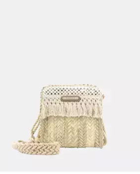 Маленькая сумка-портфель из натуральной сшитой пальмы в сочетании с бахромой и зеркалами Sim Sastre, бежевый