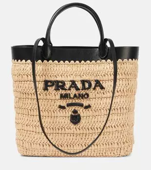 Маленькая сумка-шоппер из кружева с эффектом рафии Prada, Naturale+Nero