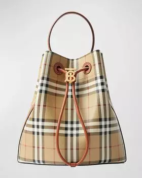 Маленькая сумка-ведро в клетку на шнурке Burberry, цвет Vntg Chk Briar Brown