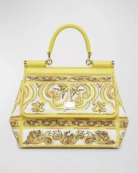 Маленькая текстильная сумка с ручкой сверху с принтом Sicily Dolce&Gabbana, цвет Azulejos Giallo
