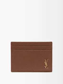 Маленькая визитница из зерненой кожи с пластинкой monogram Saint Laurent, коричневый