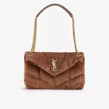 Маленькая замшевая сумка на плечо loulou puffer Saint Laurent, коричневый