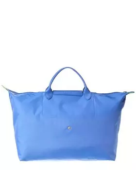 Маленькая зеленая дорожная сумка Longchamp Le Pliage из ткани и кожи, синий