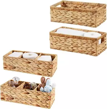 Маленькие 3-секционные плетеные корзины для хранения, плетеные корзины Vagusicc с водяным гиацинтом и ручками, маленькие плетеные корзины для организации полок, корзина для хранения туалетной бумаги для крышки унитаза, 4 шт.