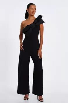 Маленький черный комбинезон палаццо на одно плечо с бантом QUIZ Clothing