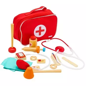 Маленький деревянный докторский набор в тканевом футляре с 12 деревянными инструментами MINEXO