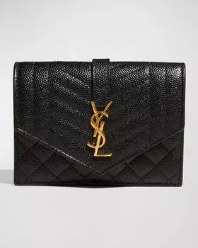 Маленький кошелек Envelope с клапаном YSL из зерненой кожи Saint Laurent, цвет Nero