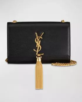 Маленький кошелек Kate YSL с кисточкой на цепочке из зерненой кожи Saint Laurent, цвет Noir