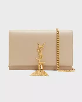 Маленький кошелек Kate YSL с кисточкой на цепочке из зерненой кожи Saint Laurent, цвет Noir